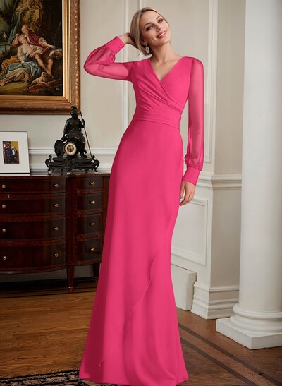 Sheath/Column V-Neck Long Sleeves Chiffon Mother Of The Bride Dresses