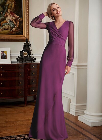 Sheath/Column V-Neck Long Sleeves Chiffon Mother Of The Bride Dresses