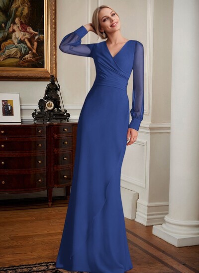 Sheath/Column V-Neck Long Sleeves Chiffon Mother Of The Bride Dresses