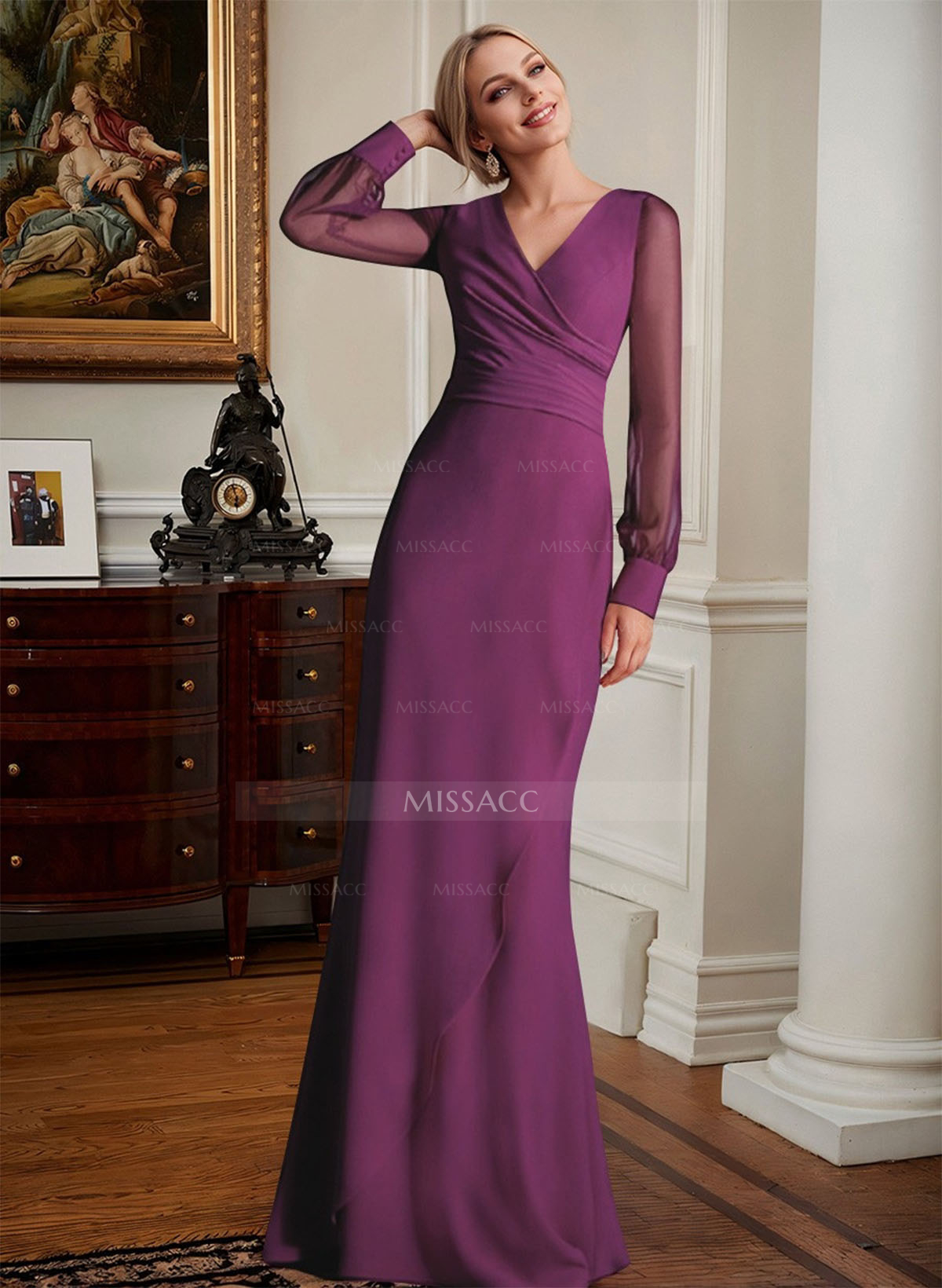 Sheath/Column V-Neck Long Sleeves Chiffon Mother Of The Bride Dresses