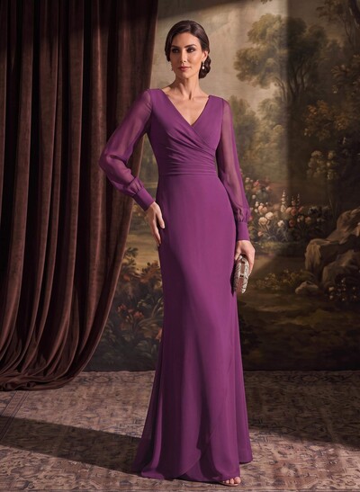 Sheath/Column V-Neck Long Sleeves Chiffon Mother Of The Bride Dresses
