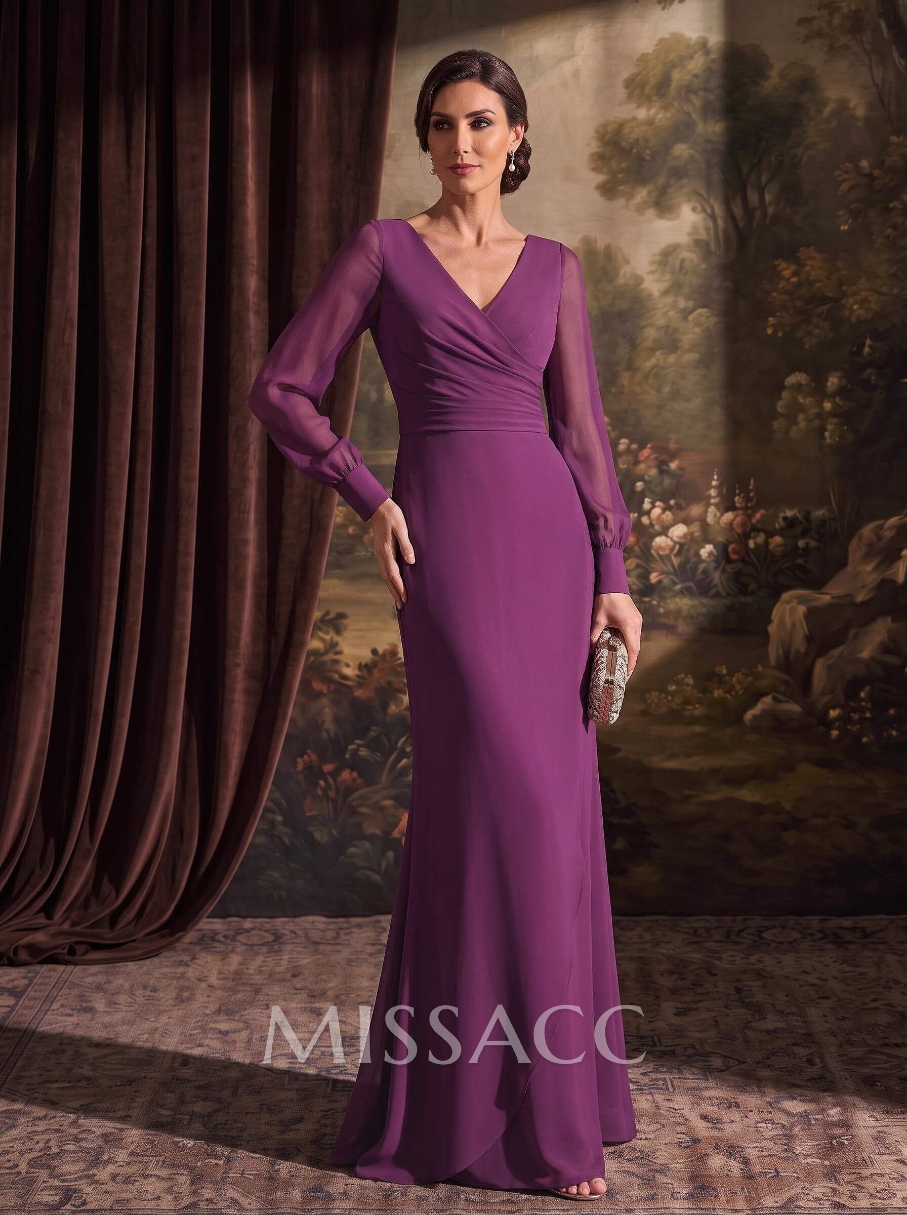 Sheath/Column V-Neck Long Sleeves Chiffon Mother Of The Bride Dresses
