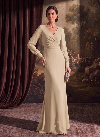 Sheath/Column V-Neck Long Sleeves Chiffon Mother Of The Bride Dresses