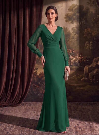 Sheath/Column V-Neck Long Sleeves Chiffon Mother Of The Bride Dresses