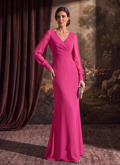 Sheath/Column V-Neck Long Sleeves Chiffon Mother Of The Bride Dresses