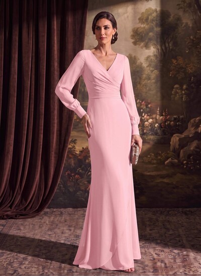 Sheath/Column V-Neck Long Sleeves Chiffon Mother Of The Bride Dresses