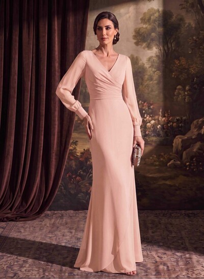 Sheath/Column V-Neck Long Sleeves Chiffon Mother Of The Bride Dresses