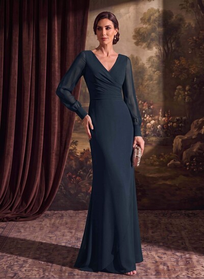 Sheath/Column V-Neck Long Sleeves Chiffon Mother Of The Bride Dresses
