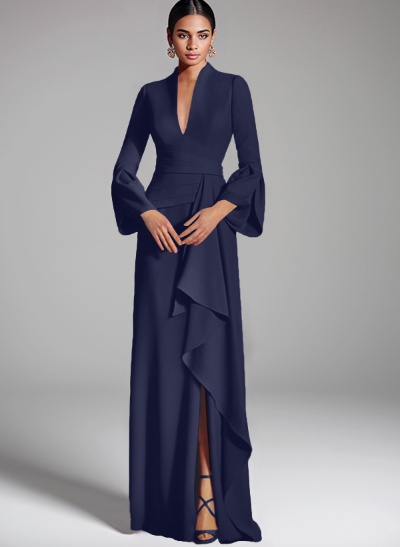 Flattering Plunge Neck Bell Sleeves Cascadin Ruffled Waist Elastic Satin Mother Of The Bride Dresses