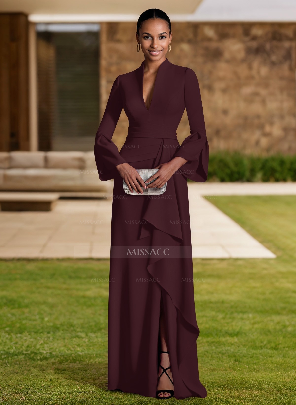 Side Volume Contrast Collar Dress 新品未使用 Sheath/Column V-Neck Long Sleeves Mother Of The Bride Dresses