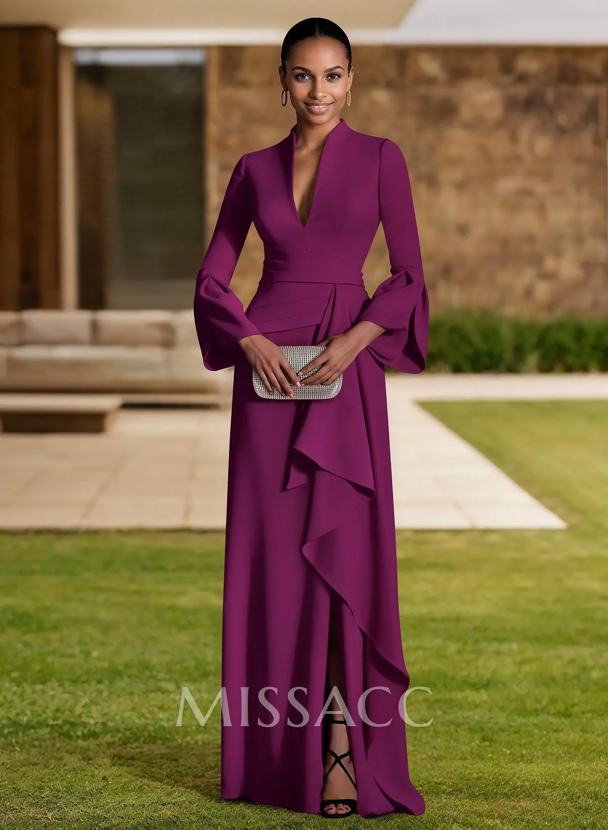 silk midi dress A Line Jewel Neckline Long Sleeves Mother of the Bride Dress with Pock –  SQOSA