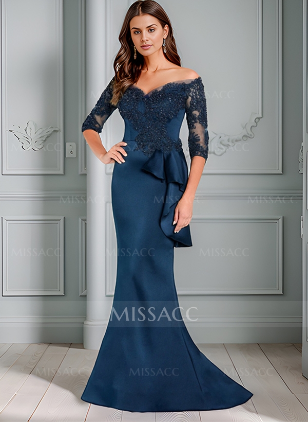 Exquisite Semi Sheer Illusion Floral Embroidered Off-Shoulder Mother Of The Bride Dresses With Ruffled Waist