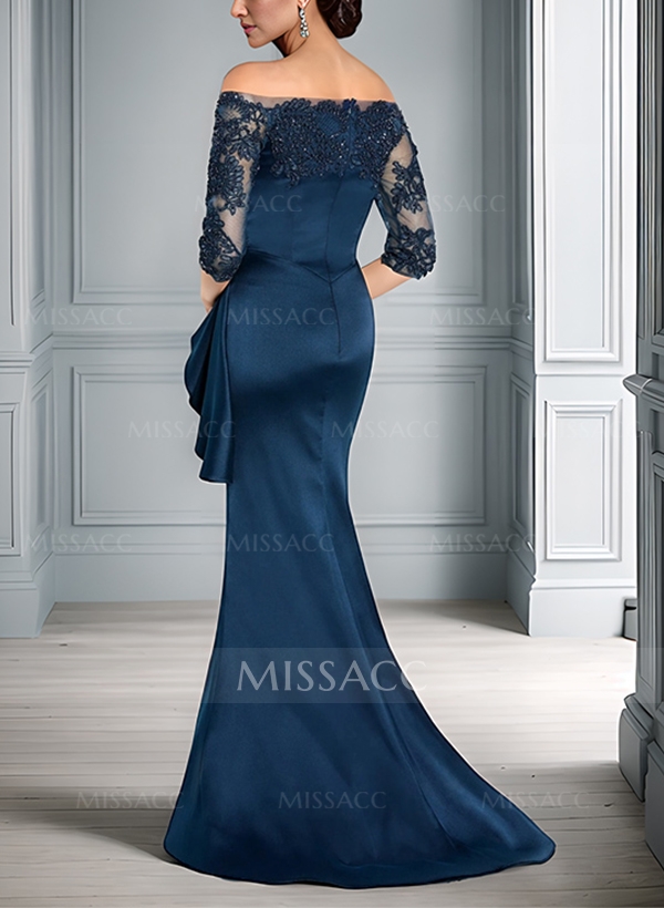 Exquisite Semi Sheer Illusion Floral Embroidered Off-Shoulder Mother Of The Bride Dresses With Ruffled Waist