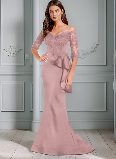 Exquisite Semi Sheer Illusion Floral Embroidered Off-Shoulder Mother Of The Bride Dresses With Ruffled Waist
