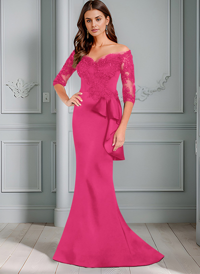 Exquisite Semi Sheer Illusion Floral Embroidered Off-Shoulder Mother Of The Bride Dresses With Ruffled Waist
