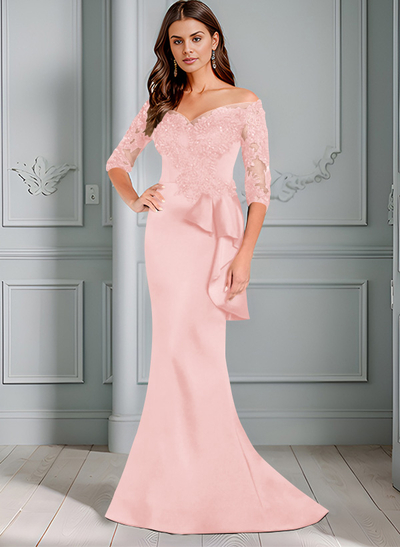 Exquisite Semi Sheer Illusion Floral Embroidered Off-Shoulder Mother Of The Bride Dresses With Ruffled Waist
