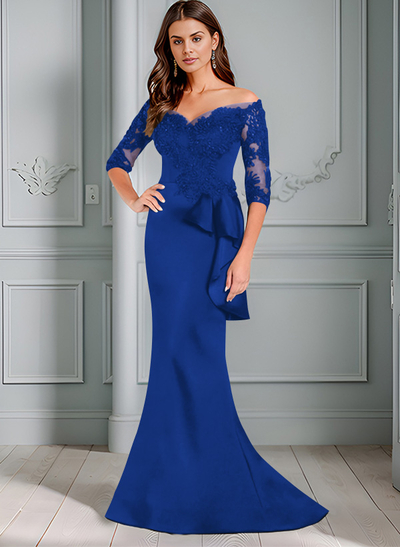 Exquisite Semi Sheer Illusion Floral Embroidered Off-Shoulder Mother Of The Bride Dresses With Ruffled Waist