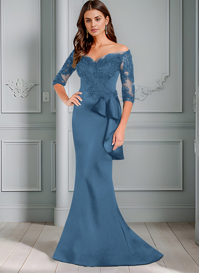 Exquisite Semi Sheer Illusion Floral Embroidered Off-Shoulder Mother Of The Bride Dresses With Ruffled Waist