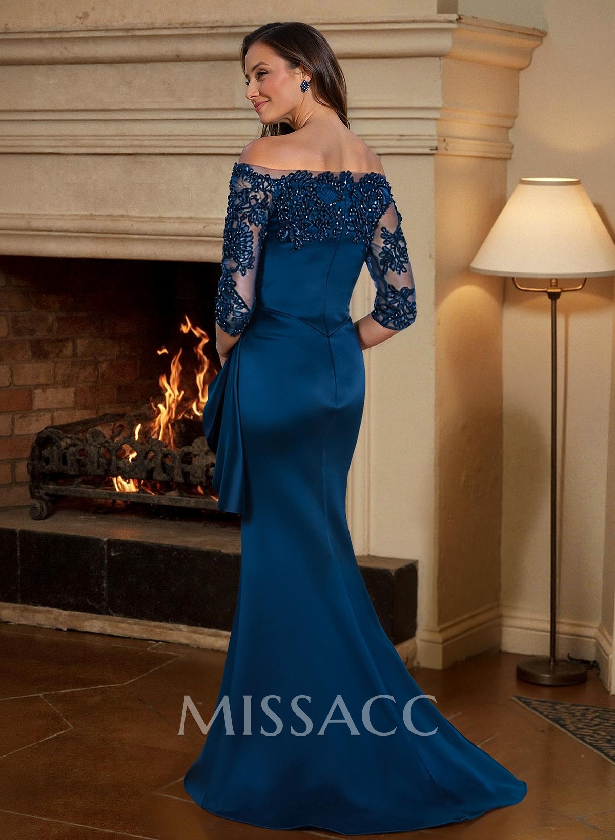 Exquisite Semi Sheer Illusion Floral Embroidered Off-Shoulder Mother Of The Bride Dresses With Ruffled Waist