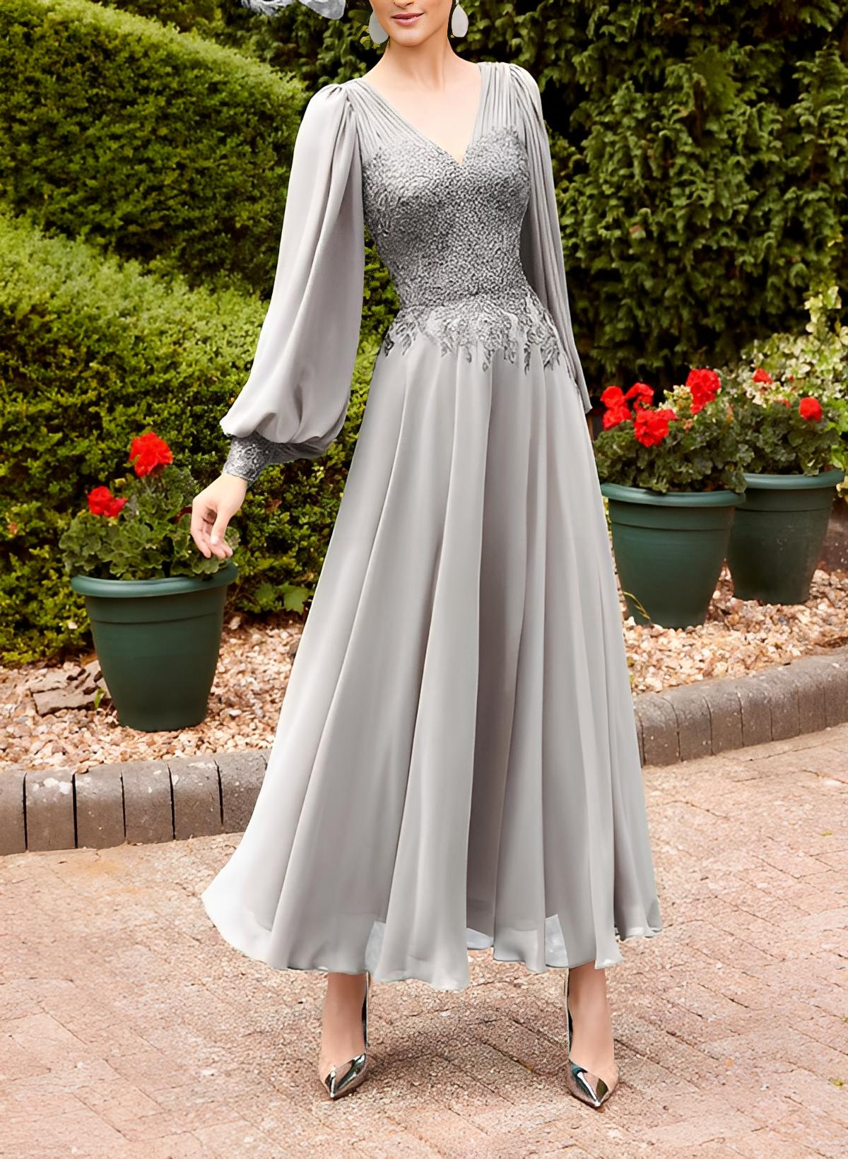 A-Line V-Neck Long Sleeves Ankle-Length Chiffon/Lace Mother Of The Bride Dresses With Appliques Lace