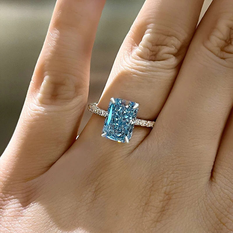 Exclusive Radiant Cut Light Aquamarine Blue Engagement Ring