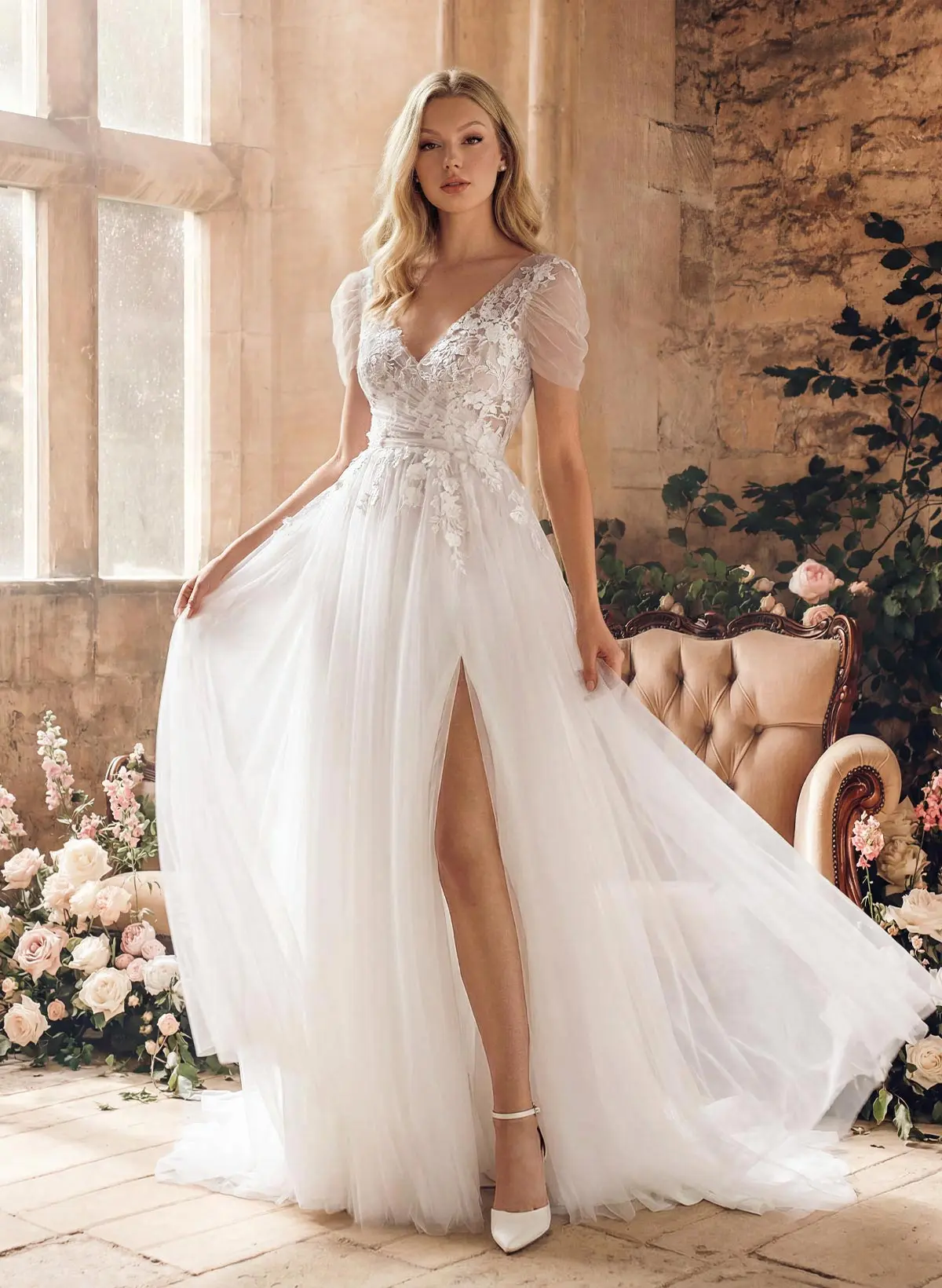 Missacc Ivory Bride Boho A-Line V-Neck Short Sleeves Lace/Tulle Wedding Dresses with Split Front
