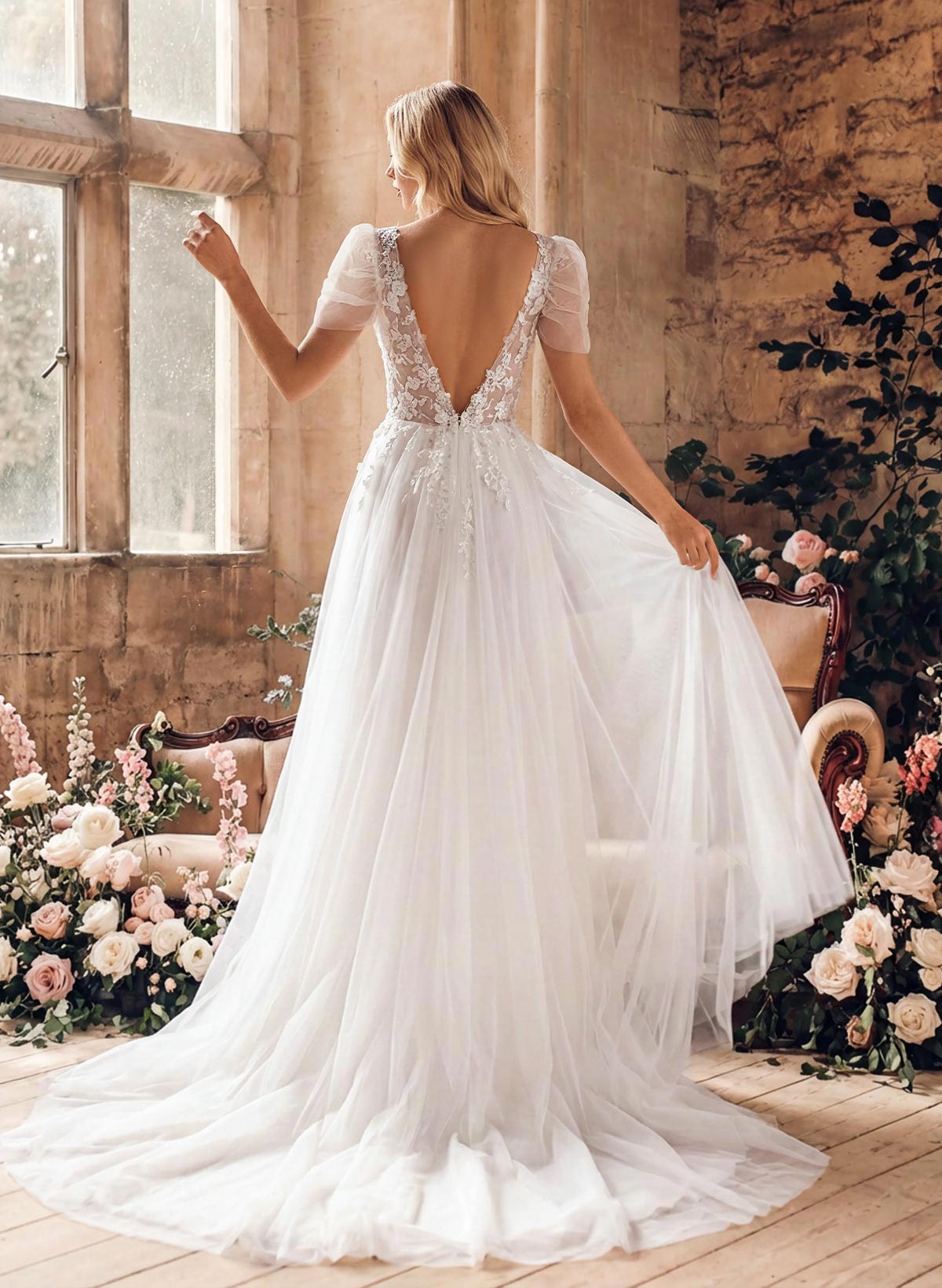 Boho A-Line V-Neck Short Sleeves Lace/Tulle Wedding Dresses With Split Front