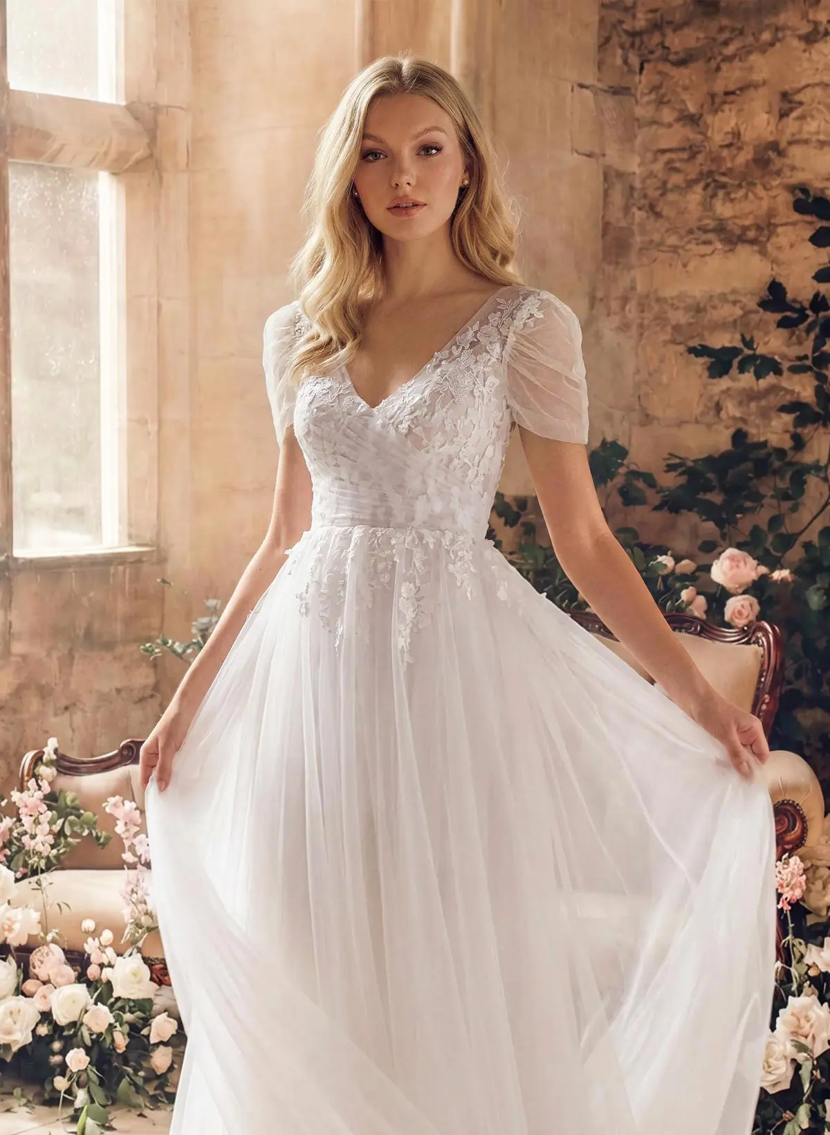 Missacc Ivory Bride Boho A-Line V-Neck Short Sleeves Lace/Tulle Wedding Dresses With Split Front