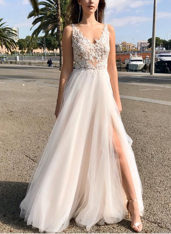 Boho A-Line V-Neck Sleeveless Lace/Tulle Wedding Dresses With Split Front