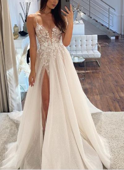 Boho A-Line V-Neck Tulle Wedding Dresses With Split Front/Appliques Lace