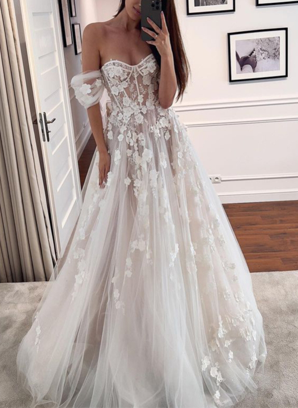Boho A-Line Off-The-Shoulder Tulle Wedding Dresses With Appliques Lace