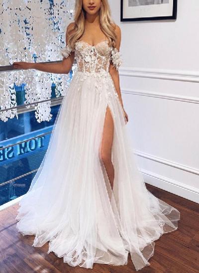 A-Line Off-The-Shoulder Tulle Wedding Dresses With Split Front/Appliques Lace
