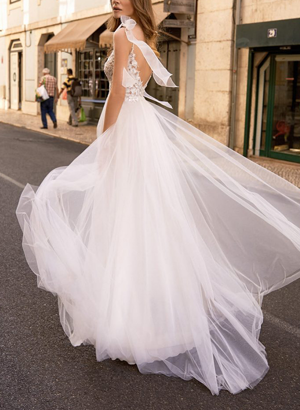 Elegant A-Line V-Neck Lace/Tulle Wedding Dresses With Split Front