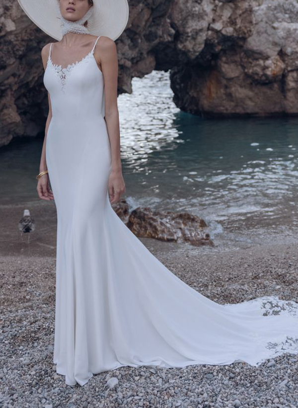 Elegant Trumpet/Mermaid V-Neck Jersey Wedding Dresses With Appliques Lace