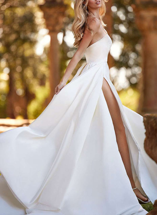 A-Line Sleeveless Sweep Train Satin Wedding Dresses With Split Front
