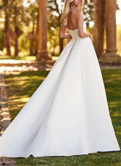 A-Line Sleeveless Sweep Train Satin Wedding Dresses With Split Front
