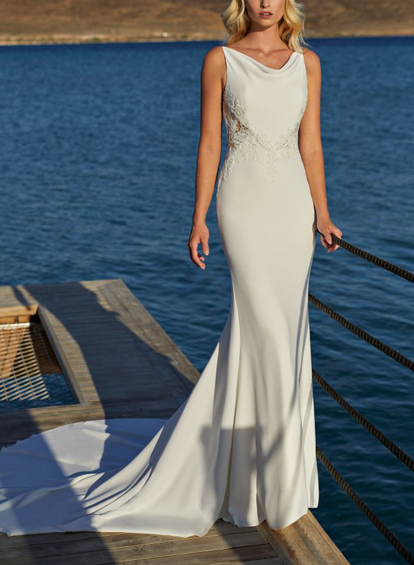 Elegant Trumpet/Mermaid Cowl Neck Lace/Elastic Satin Wedding Dresses