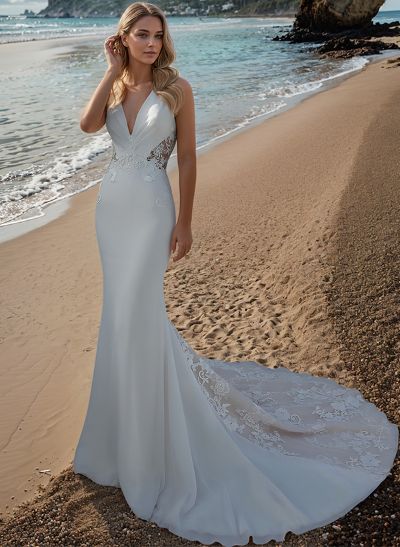 Luxury Trumpet/Mermaid V-Neck Lace/Elastic Satin Wedding Dresses