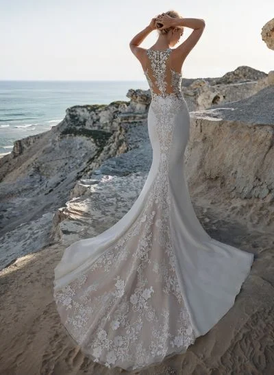 Luxury Trumpet/Mermaid V-Neck Lace/Elastic Satin Wedding Dresses