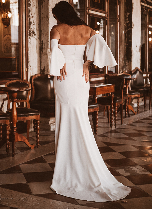 Sheath/Column Off-The-Shoulder Short Sleeves Elastic Satin Wedding Dresses