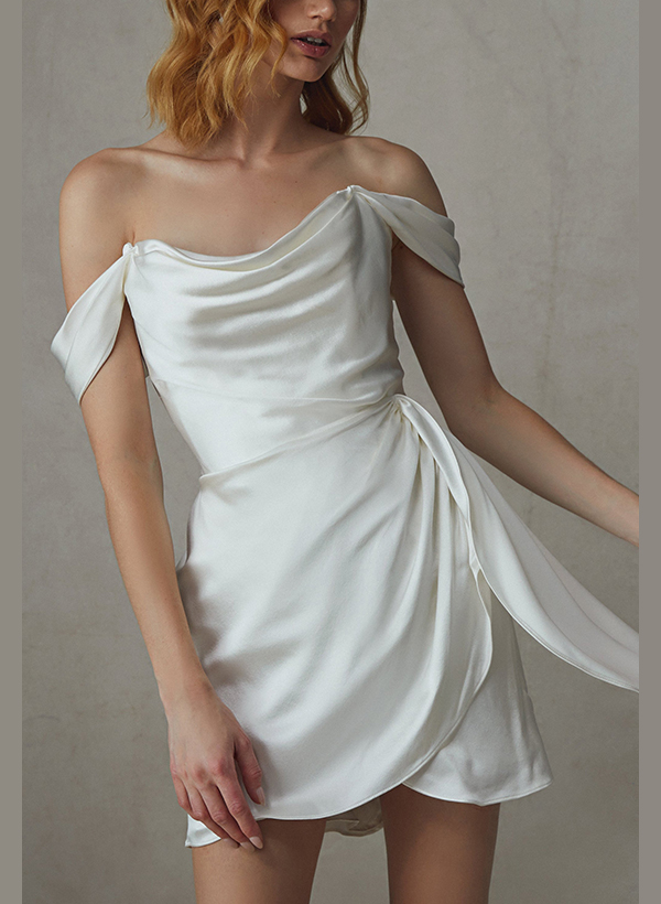 Sheath/Column Off-The-Shoulder Short/Mini Silk Like Satin Wedding Dresses