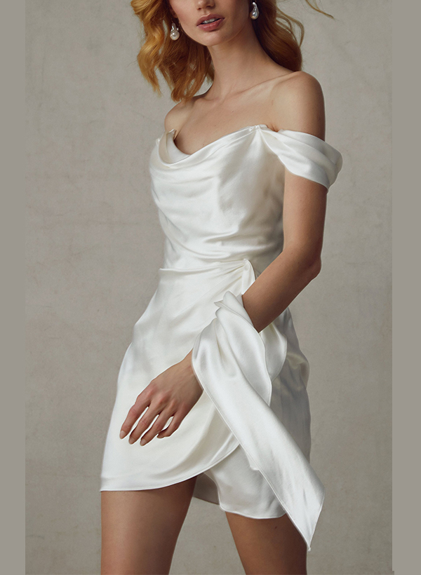 Sheath/Column Off-The-Shoulder Short/Mini Silk Like Satin Wedding Dresses