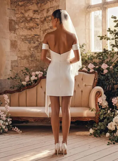 Sheath/Column Off-The-Shoulder Short/Mini Silk Like Satin Wedding Dresses