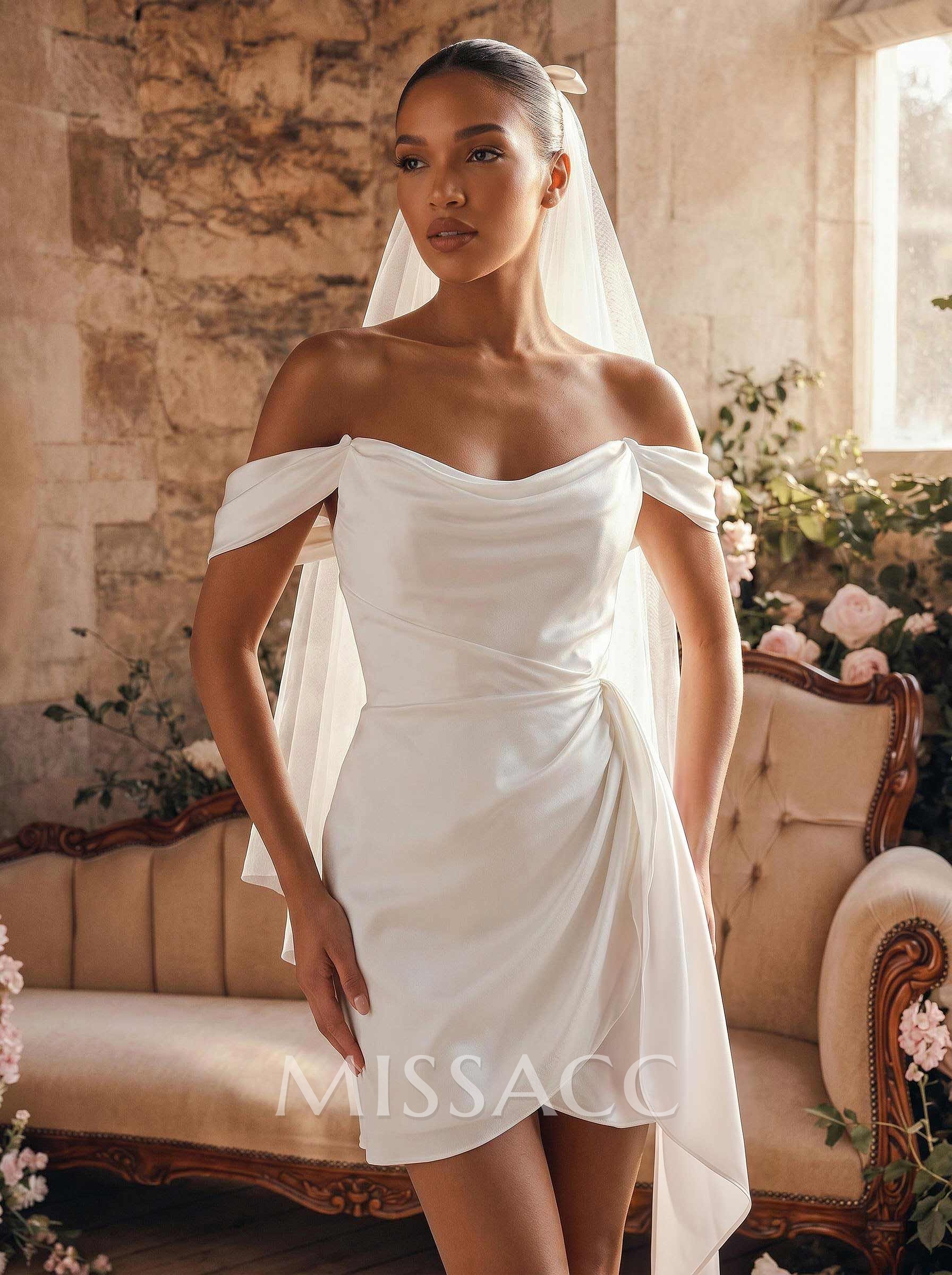 Sheath/Column Off-The-Shoulder Short/Mini Silk Like Satin Wedding Dresses