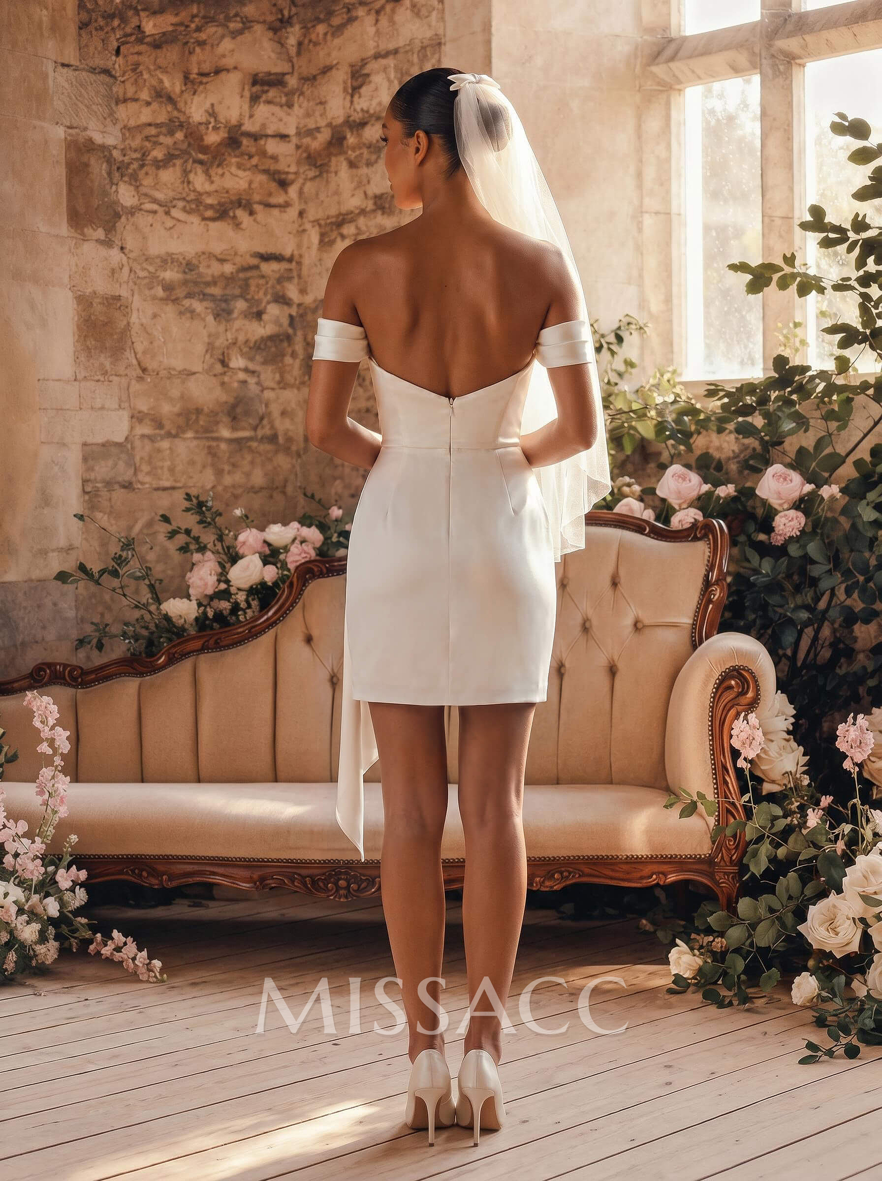 Sheath/Column Off-The-Shoulder Short/Mini Silk Like Satin Wedding Dresses
