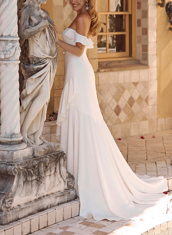 Sheath/Column Off-The-Shoulder Sleeveless Elastic Satin Wedding Dresses