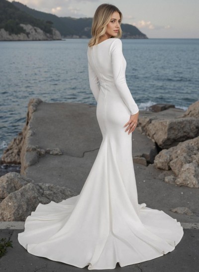 Trumpet/Mermaid Scoop Neck Long Sleeves Elastic Satin Wedding Dresses