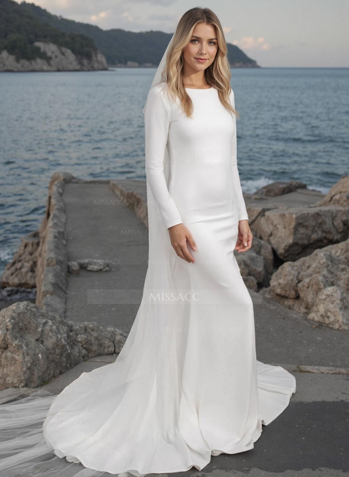 Trumpet/Mermaid Scoop Neck Long Sleeves Elastic Satin Wedding Dresses
