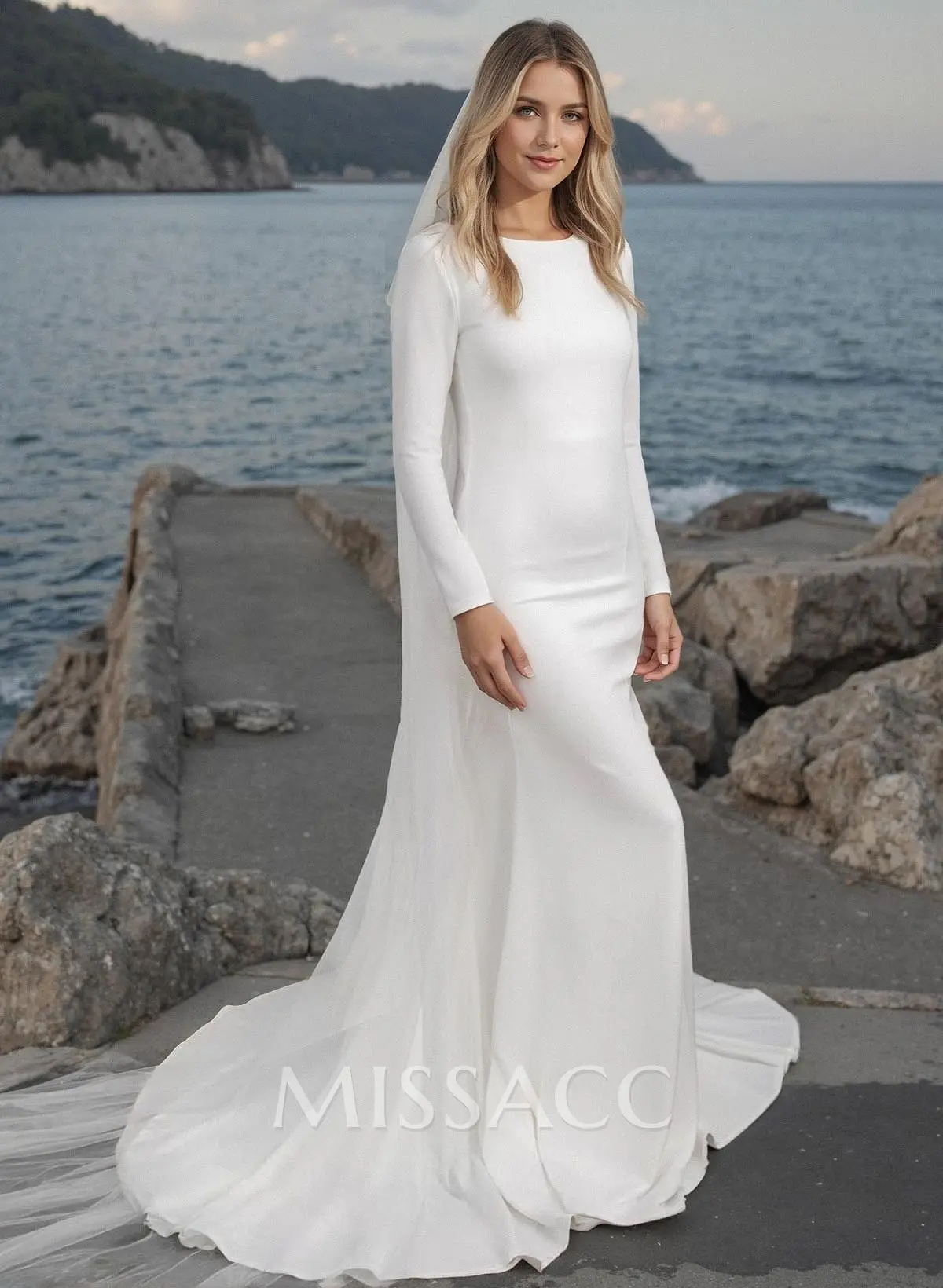 Missacc Ivory Bride Trumpet/Mermaid Scoop Neck Long Sleeves Elastic Satin Wedding Dresses