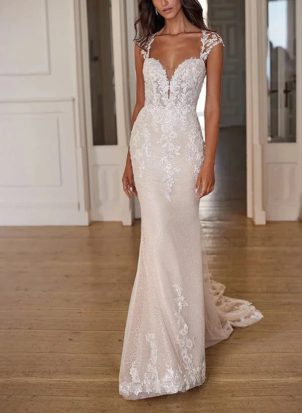 Missacc Ivory Bride Mermaid Sweetheart Sleeveless Sweep Train Lace/Tulle Wedding Dresses